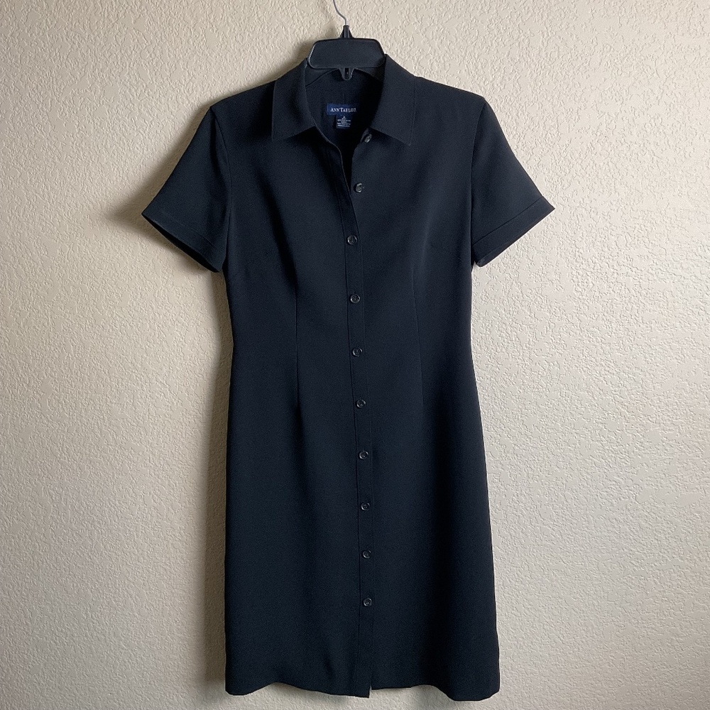 Ann Taylor Womens 4 Black Short Sleeve Collard Button Down Work Dress‎ Career